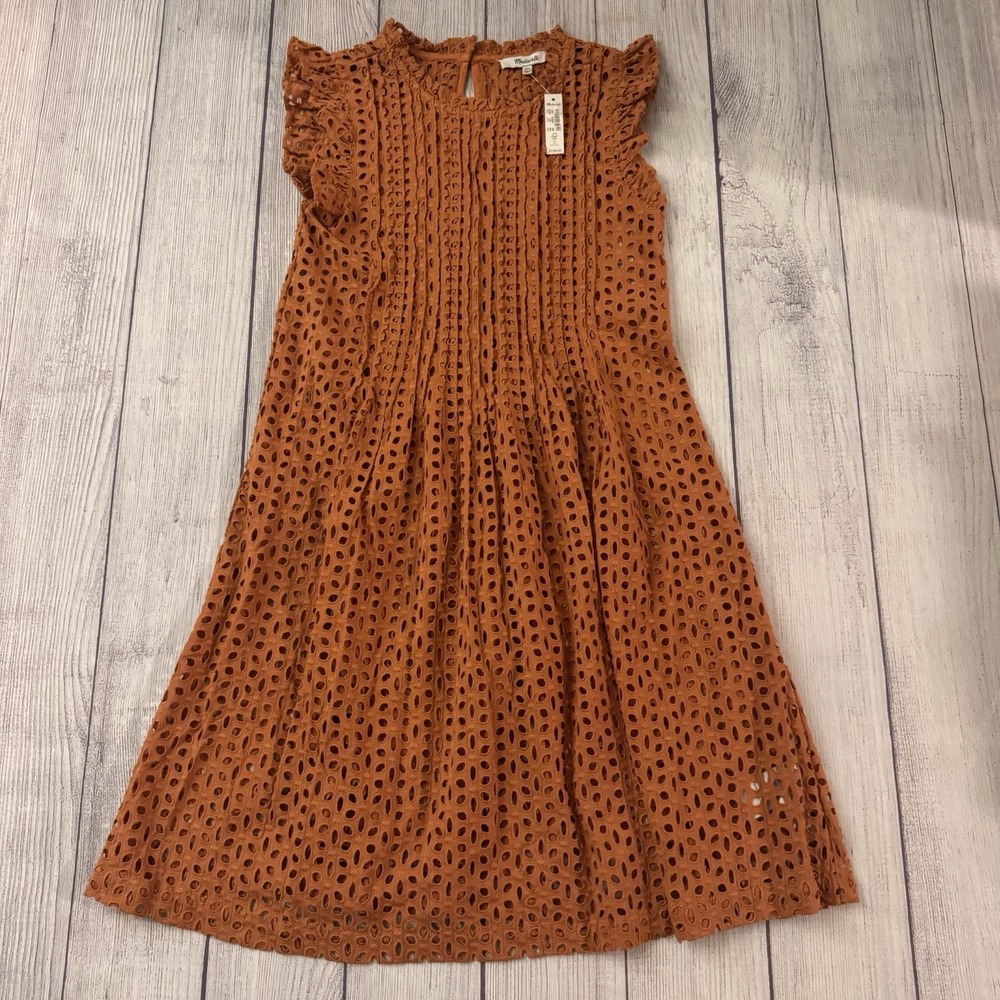 Madewell Women's XXS Mulled Cider Eyelet Ruffle Sleeve Pintuck Mini Dress